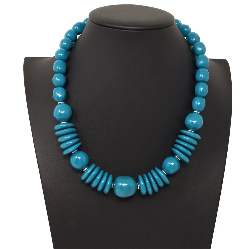 VTG 70s 80s Necklace Graduated Round & Disc Acrylic Beads Turquoise Teal 18"